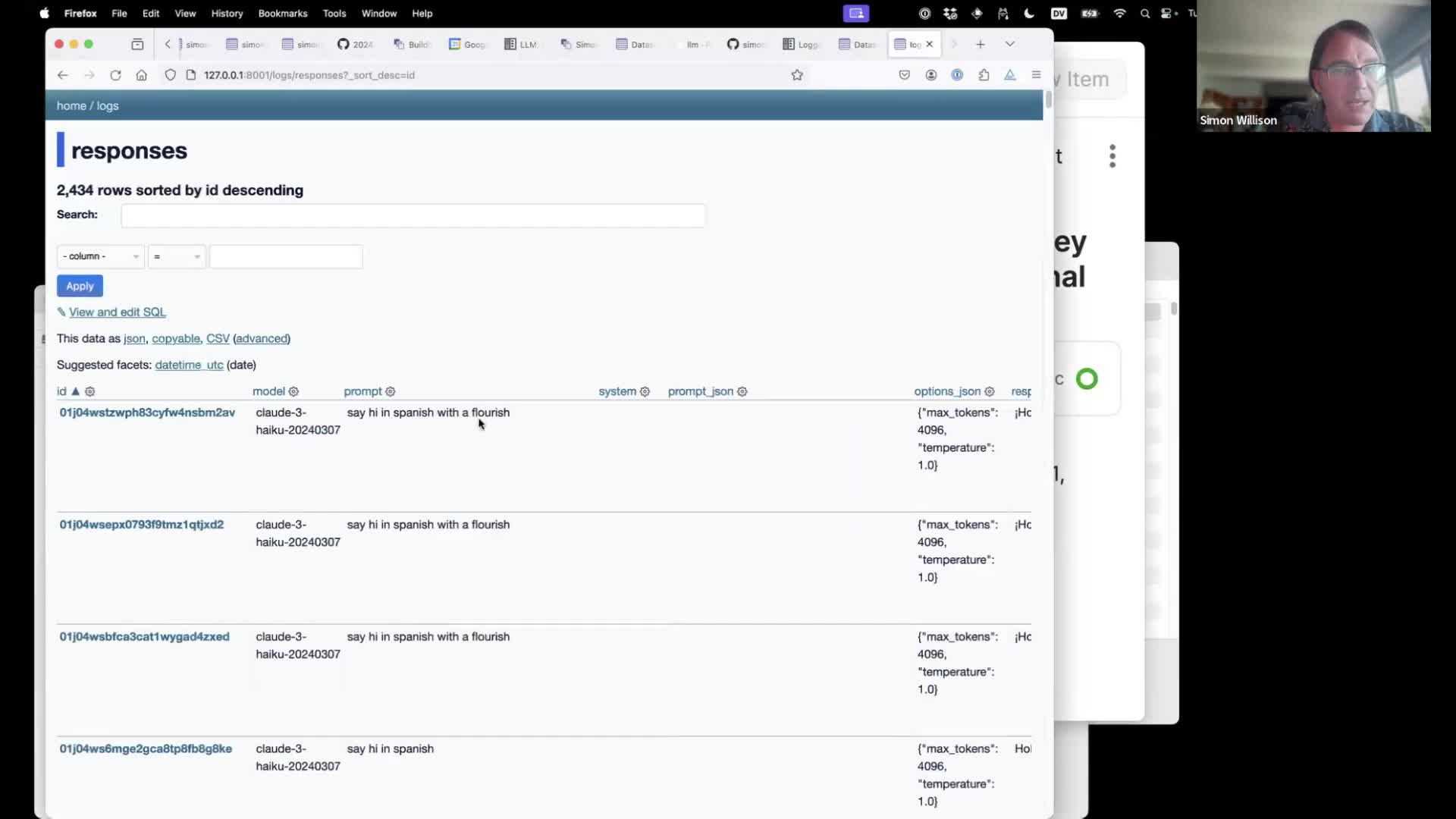 Datasette showing the 2,434 responses I have logged as a table, with a search interface at the top.