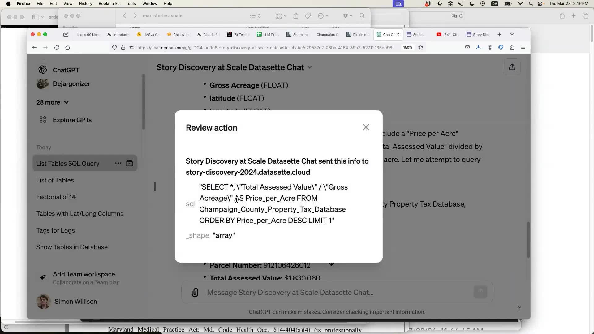 A dialog that says Review action - showing a JSON encoded SQL query, SELECT *, "Total Assessed Value" / "Gross Acreage" AS Price_per_Acre FROM Champaign_County_Property_Tax_Database ORDER BY Price_per_Acre DESC LIMIT 1