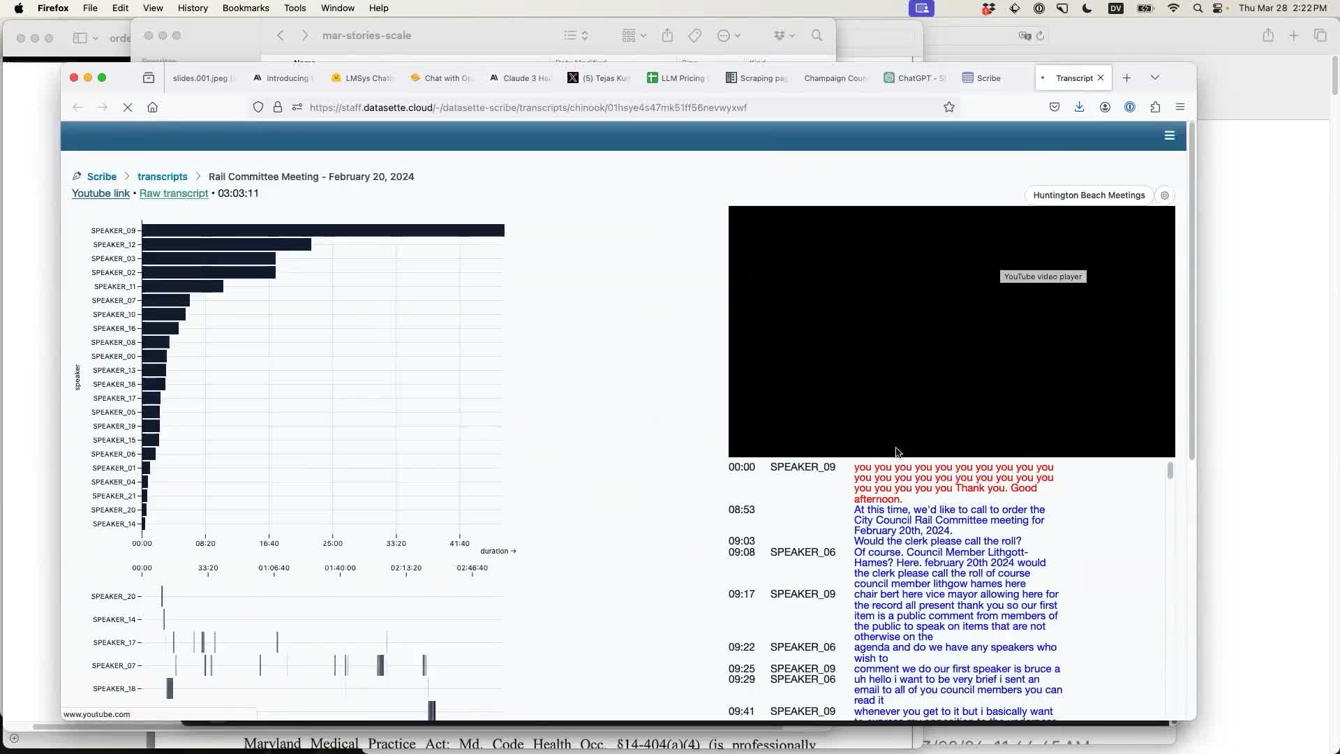 Screenshot of a bar chart showing top speakers, a scatter chart showing who spoke when, a YouTube video panel and a transcript of the conversation.