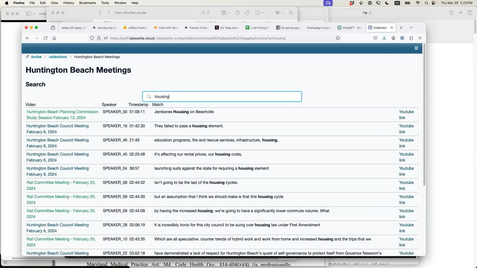 A search for housing, returning lines from transcripts in three different meetings. Each one links to the point on YouTube where the term was mentioned.
